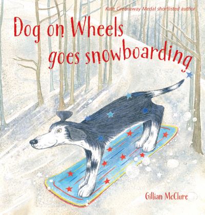 Dog on wheels goes snowboarding