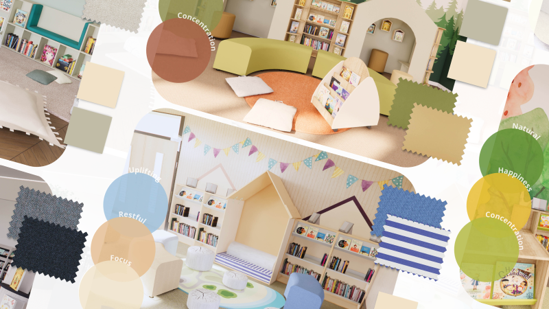 A diagonal arrangement of 3D CAD modern library designs for schools and UK libraries.